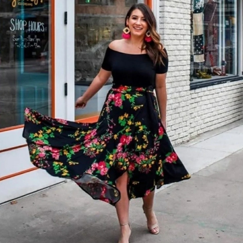 Cabi Floral Drama Wrap Skirt Medium Black Multicolor High-Low Midi Asymmetrical